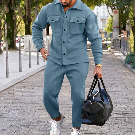 Men's Suede Single-breasted Solid Color Slim Fit Short Sleeved Shirt and Pants Two-piece Outfit Set - ChoreGirl