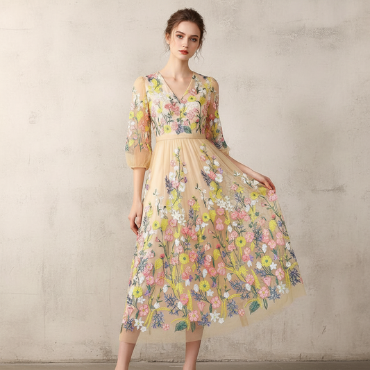 Besticktes Damenkleid aus Mesh mit Blumenmuster – V-Ausschnitt, schwingende Ärmel