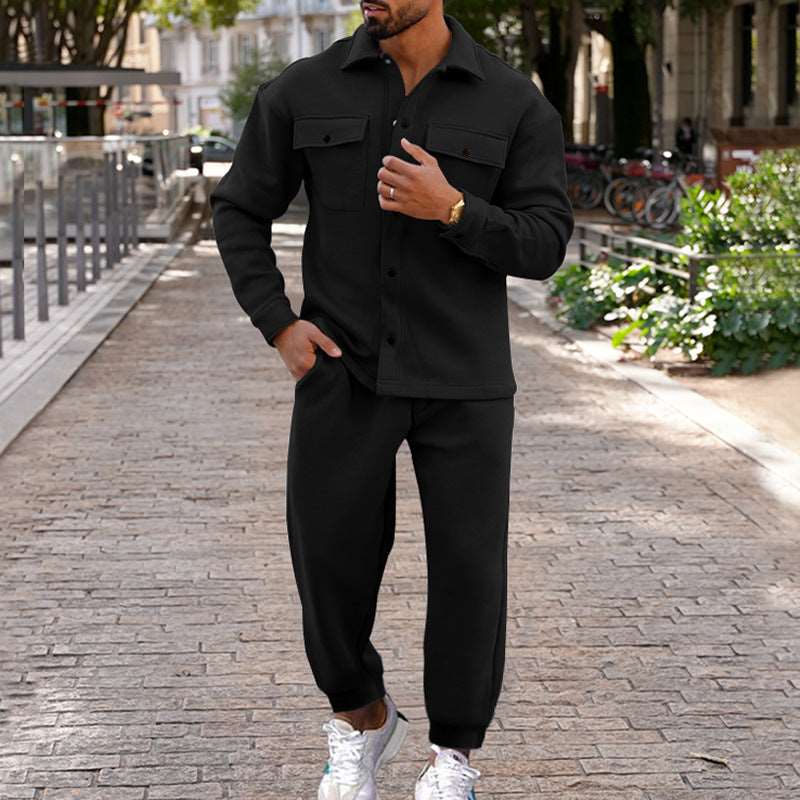 Men's Suede Single-breasted Solid Color Slim Fit Short Sleeved Shirt and Pants Two-piece Outfit Set - ChoreGirl