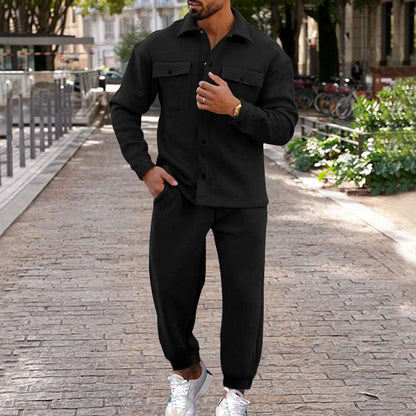 Men's Suede Single-breasted Solid Color Slim Fit Short Sleeved Shirt and Pants Two-piece Outfit Set - ChoreGirl