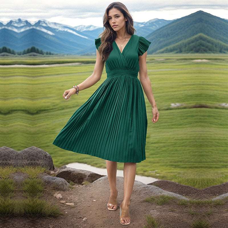 Women's Fashion V-neck High Waist Plated Swing Dress - ChoreGirl