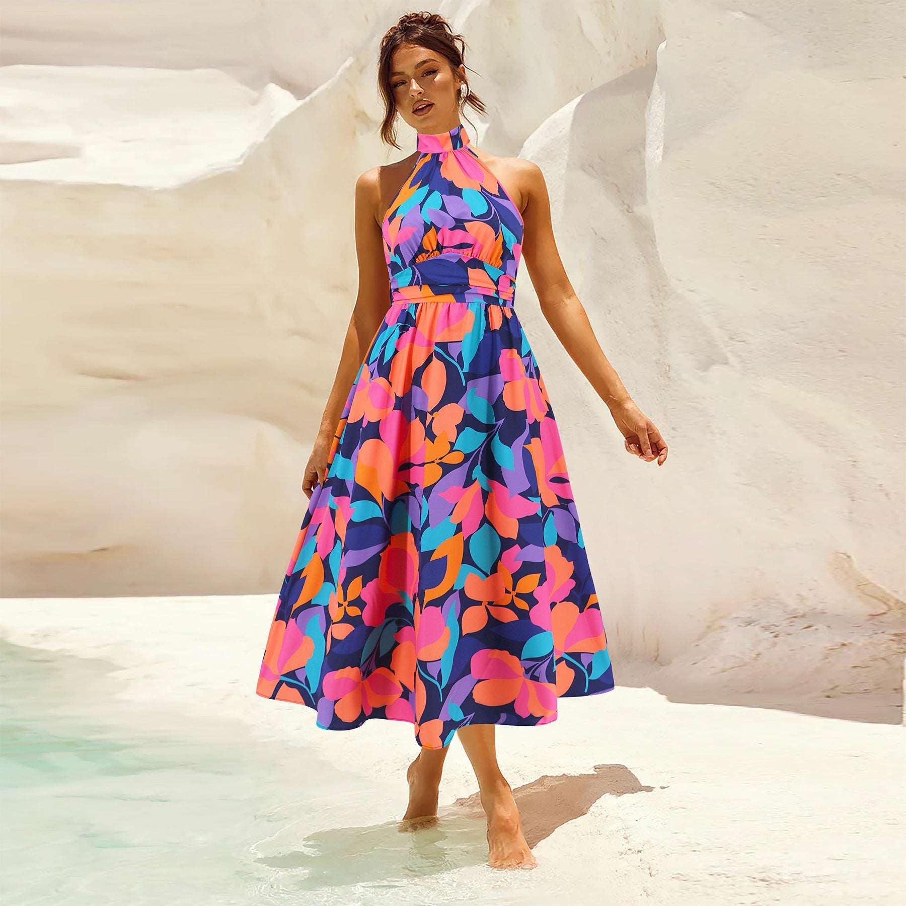 Women's Printed Stand Collar Sleeveless Dress - ChoreGirl
