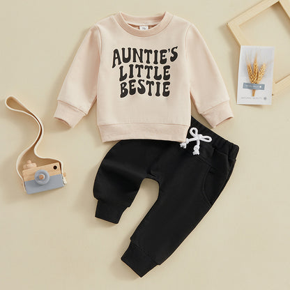 Baby Auntie's Little Bestie Print Long-sleeved Sweatshirt and Pants Two-piece Outfit Set - ChoreGirl