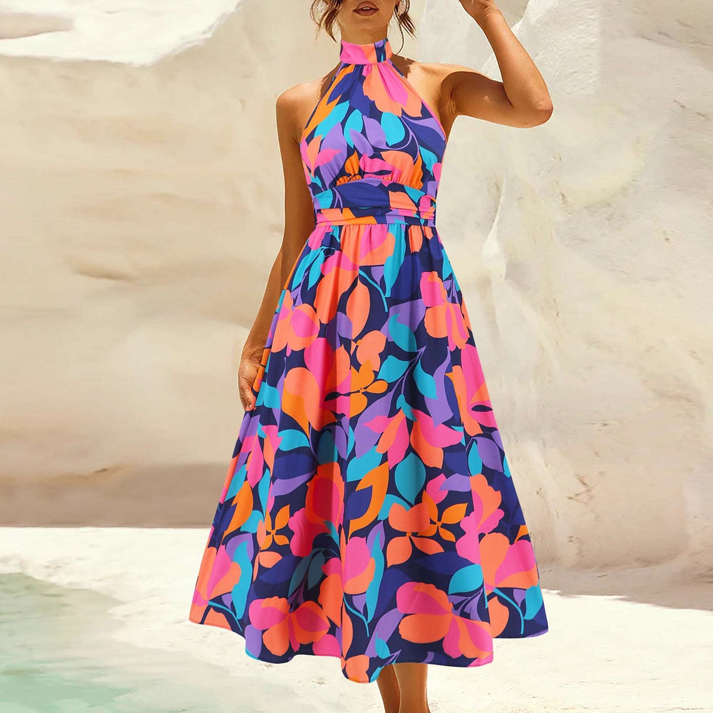 Women's Printed Stand Collar Sleeveless Dress - ChoreGirl