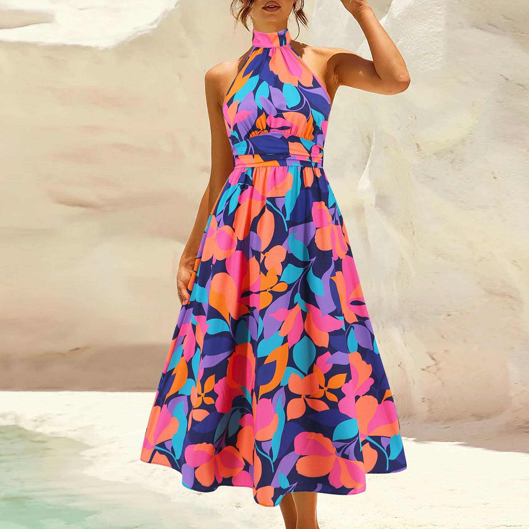 Women's Printed Stand Collar Sleeveless Dress - ChoreGirl