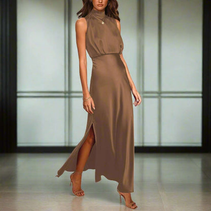 Women's Elegant Satin Stand Collar Long Dress - ChoreGirl