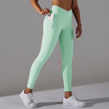 Women's Nude Feel Skin-friendly Cross Waist Stretch Fitness Pants With Pocket - ChoreGirl