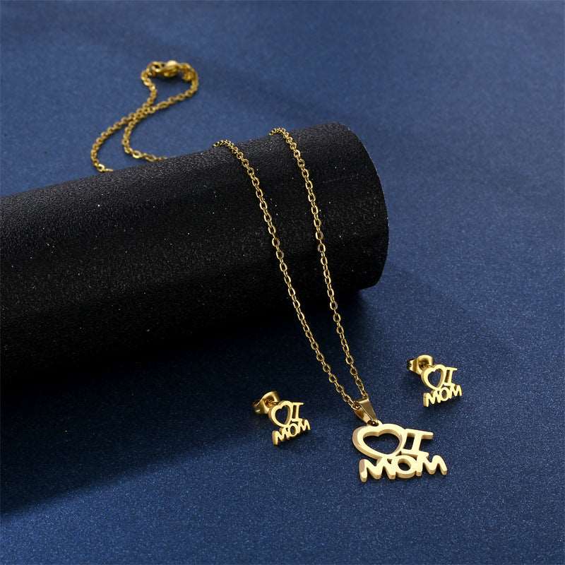 Women's Mother's Day Stainless Steel I Love Mom Heart Pendant Necklace and Earrings Jewelry Set - ChoreGirl