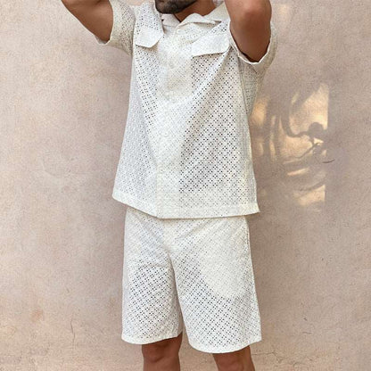 Men's Crochet Short Sleeved Shirt and Shorts Two-piece Outfit Set - ChoreGirl