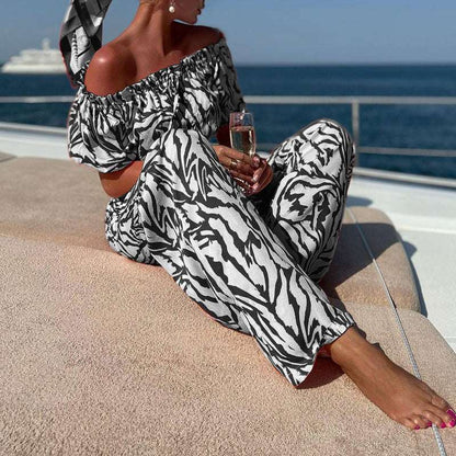 Women's Off-shoulder Short-sleeved Top and Pants Two-piece Outfit Set - ChoreGirl