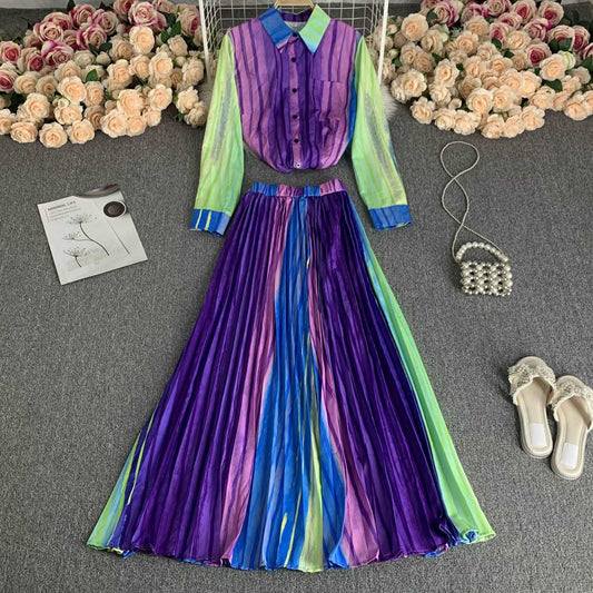 Women's Long Sleeve Stand Collar Single-breasted Shirt and High Waist Skirt Two-piece Outfit Set - ChoreGirl