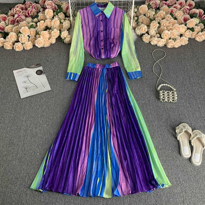 Women's Long Sleeve Stand Collar Single-breasted Shirt and High Waist Skirt Two-piece Outfit Set - ChoreGirl