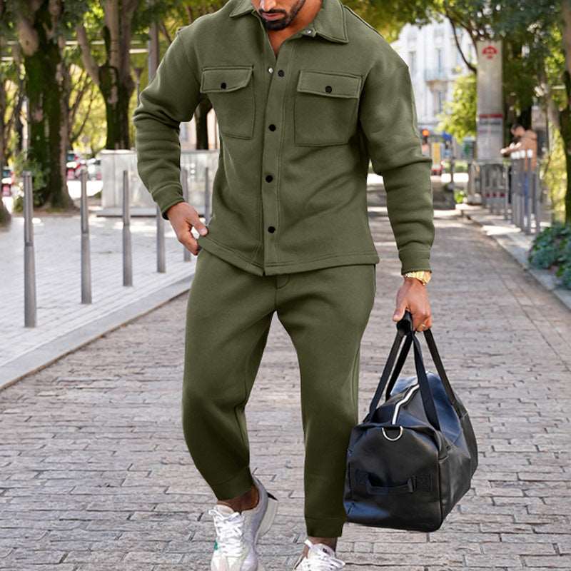 Men's Suede Single-breasted Solid Color Slim Fit Short Sleeved Shirt and Pants Two-piece Outfit Set - ChoreGirl