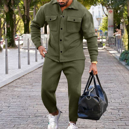 Men's Suede Single-breasted Solid Color Slim Fit Short Sleeved Shirt and Pants Two-piece Outfit Set - ChoreGirl