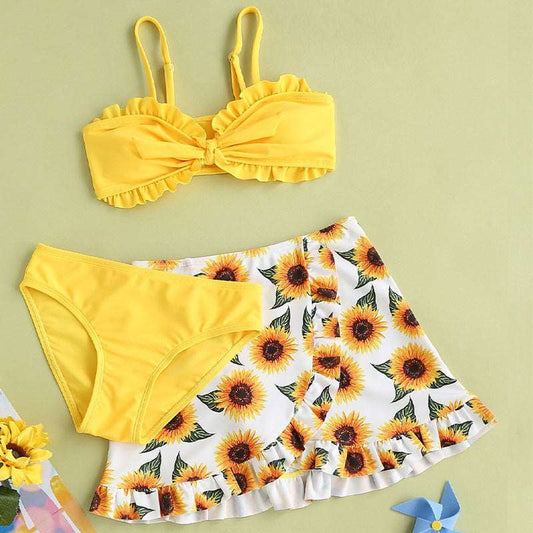 Girl's Sunflower Printed Three-piece Swimsuit Set - ChoreGirl