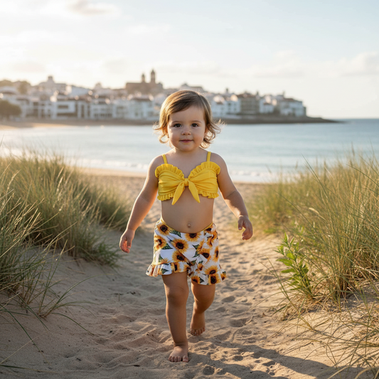 Girl's Sunflower Printed Three-piece Swimsuit Set
