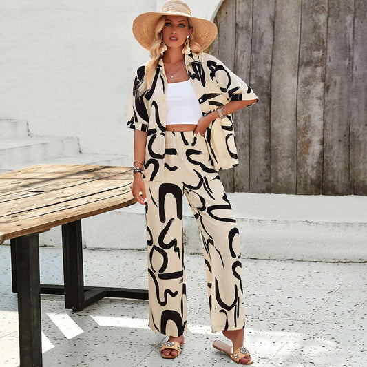 Women's Casual Short Sleeved Shirt and Long Wide Legs Pants Outfit Set - ChoreGirl