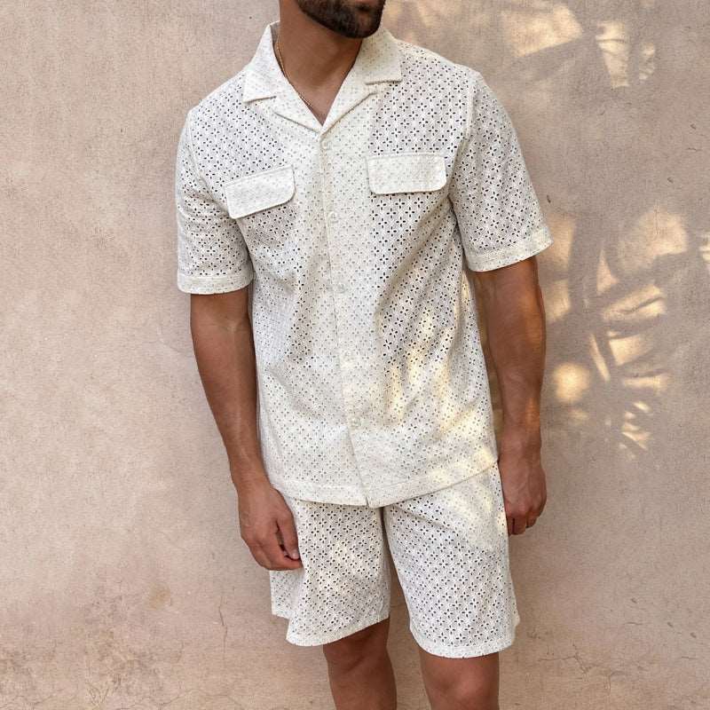 Men's Crochet Short Sleeved Shirt and Shorts Two-piece Outfit Set - ChoreGirl