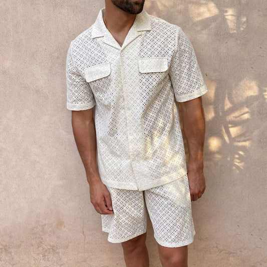 Men's Crochet Short Sleeved Shirt and Shorts Two-piece Outfit Set - ChoreGirl