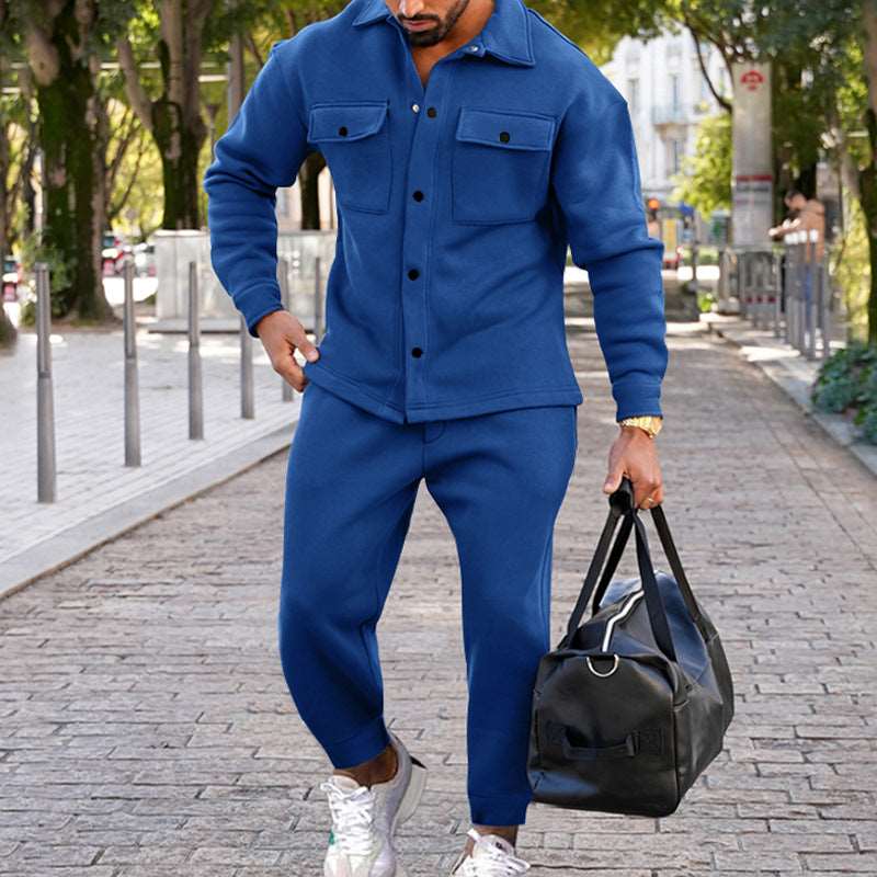 Men's Suede Single-breasted Solid Color Slim Fit Short Sleeved Shirt and Pants Two-piece Outfit Set - ChoreGirl