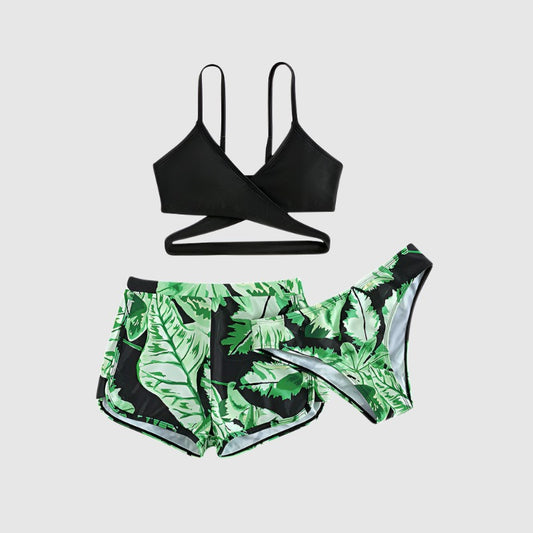 Girls Black and Green Leaf Print Three-piece Swimsuit - ChoreGirl