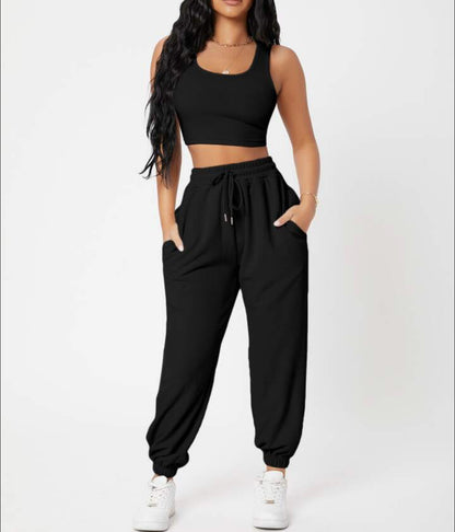 Women's Casual Basics Round Neck Knitted Top and High Waist Pants Outfit Set - ChoreGirl