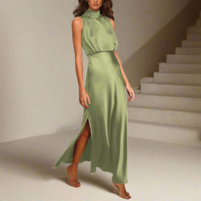 Women's Elegant Satin Stand Collar Long Dress - ChoreGirl