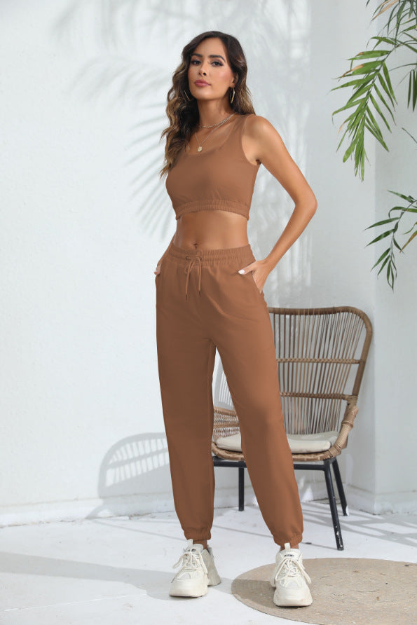 Women's Casual Cropped Tank Top and Pants Two-piece Outfit Set - ChoreGirl