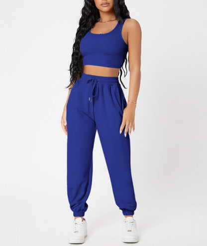 Women's Casual Basics Round Neck Knitted Top and High Waist Pants Outfit Set - ChoreGirl