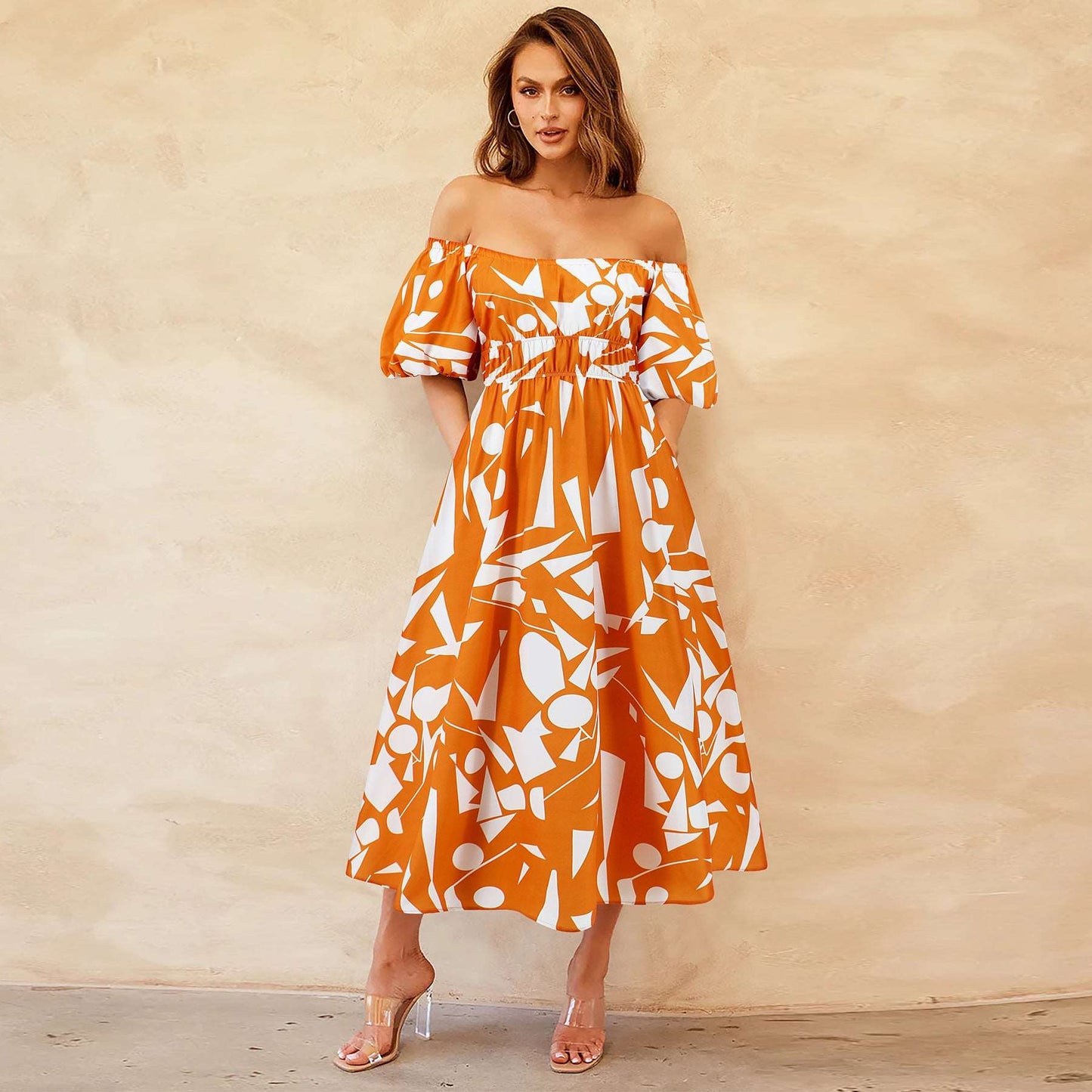 Women's Casual Off-shoulder Bubble Sleeve Large Swing Dress - ChoreGirl