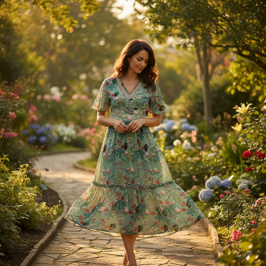 Perlenbesetztes Damenkleid mit V-Ausschnitt – Chiffon mit elastischem Bund