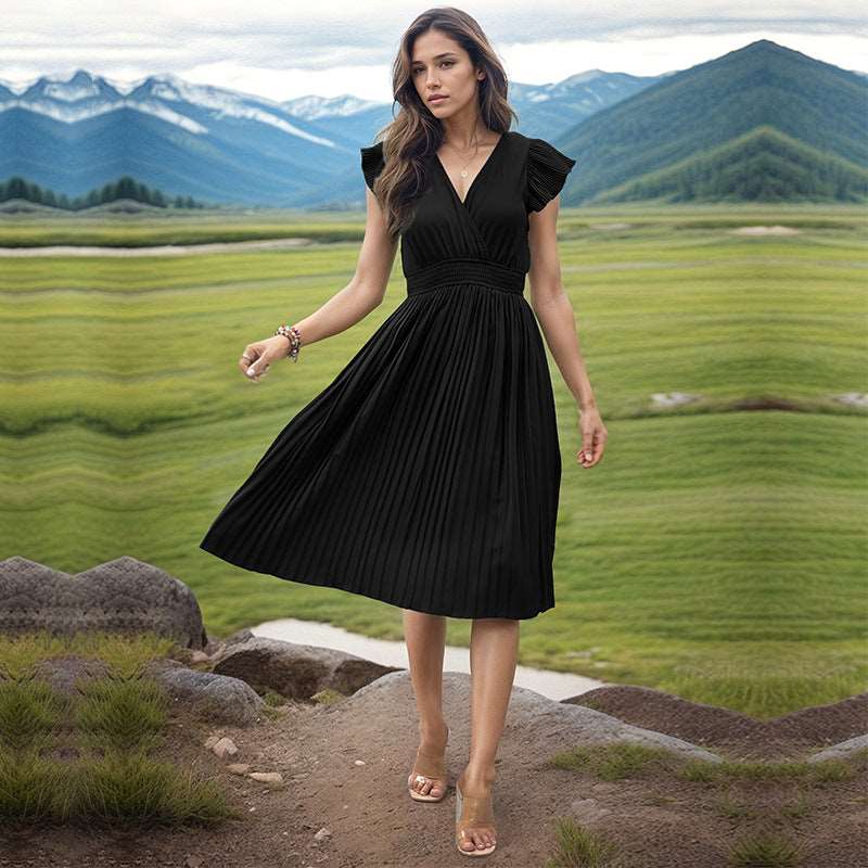 Women's Fashion V-neck High Waist Plated Swing Dress - ChoreGirl