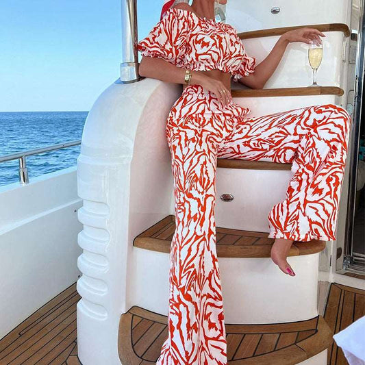 Women's Off-shoulder Short-sleeved Top and Pants Two-piece Outfit Set - ChoreGirl