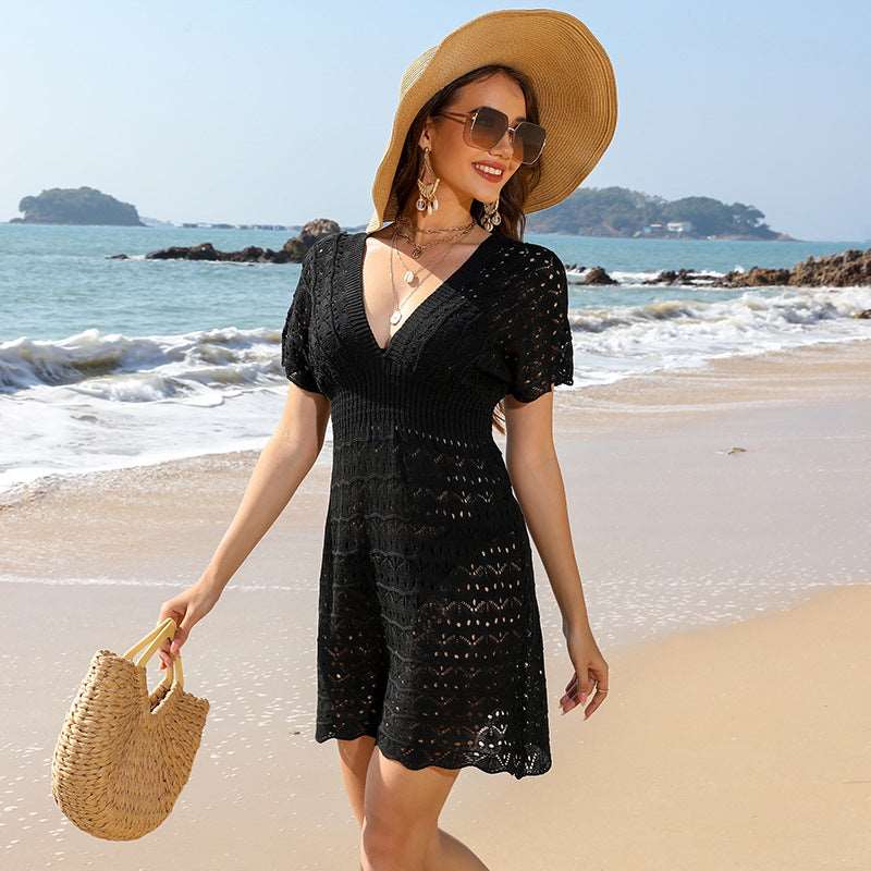Women's Hollow Out Design Deep V-neck Beach Swimwear Cover-up Dress - ChoreGirl