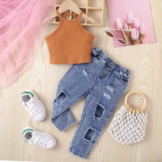 Baby Girl Solid Color Sleeveless Top and Denim Trousers Two-piece Outfit Set - ChoreGirl