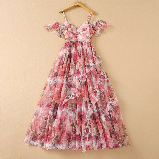 Women's Mesh Floral Print High Waist Dress - ChoreGirl