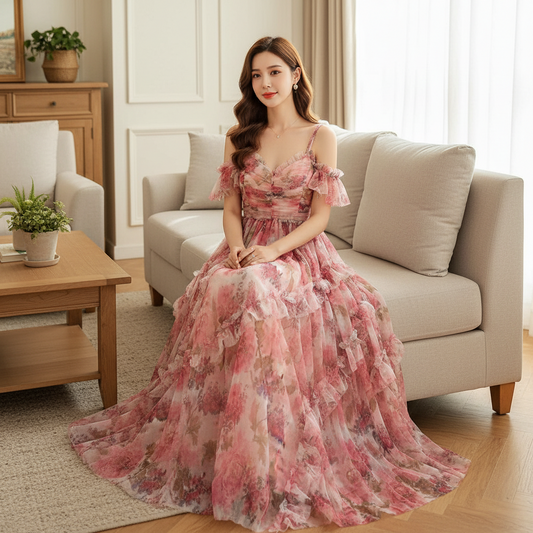 Damenkleid aus floralem Netzstoff – Elegante Silhouette mit hoher Taille