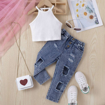 Baby Girl Solid Color Sleeveless Top and Denim Trousers Two-piece Outfit Set - ChoreGirl