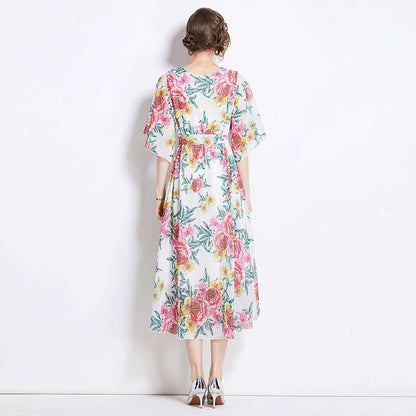 Women's Gentle Flower Print Elegant Dress - ChoreGirl