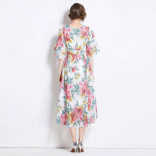 Women's Gentle Flower Print Elegant Dress - ChoreGirl