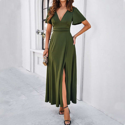 Women's Elegant Solid Color Slim V-neck Dress - ChoreGirl