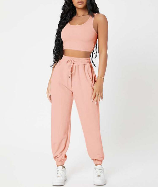 Women's Casual Basics Round Neck Knitted Top and High Waist Pants Outfit Set - ChoreGirl