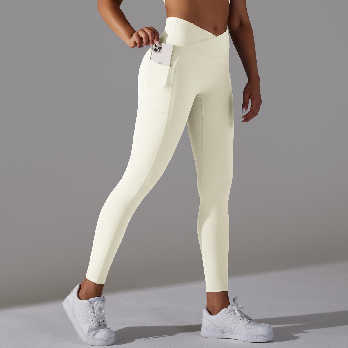 Women's Nude Feel Skin-friendly Cross Waist Stretch Fitness Pants With Pocket - ChoreGirl