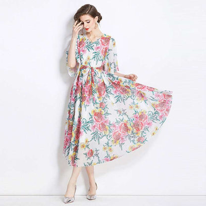 Women's Gentle Flower Print Elegant Dress - ChoreGirl