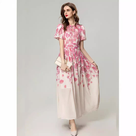 Women's Elegant Waist Sliming Short Sleeve Long Dress - ChoreGirl