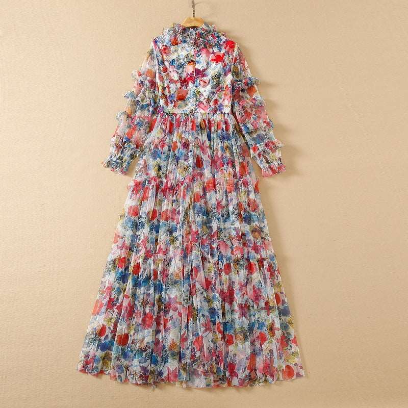 Women's Mesh Floral Beaded V-neck Long-sleeve Large Swing Dress - ChoreGirl