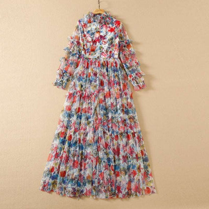Women's Mesh Floral Beaded V-neck Long-sleeve Large Swing Dress - ChoreGirl