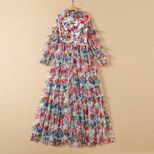 Women's Mesh Floral Beaded V-neck Long-sleeve Large Swing Dress - ChoreGirl