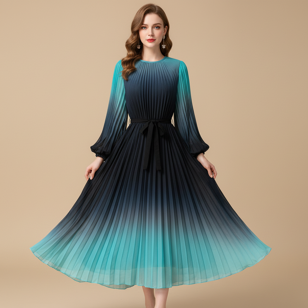 Damenkleid mit Farbverlauf und Falten – mittellang, A-Linie