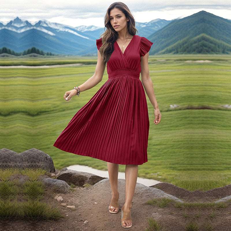 Women's Fashion V-neck High Waist Plated Swing Dress - ChoreGirl